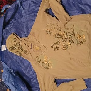 Maurices Sweatshirt Pullover Hoodie Army Green Paisley Print w/ Gold Sequin XL